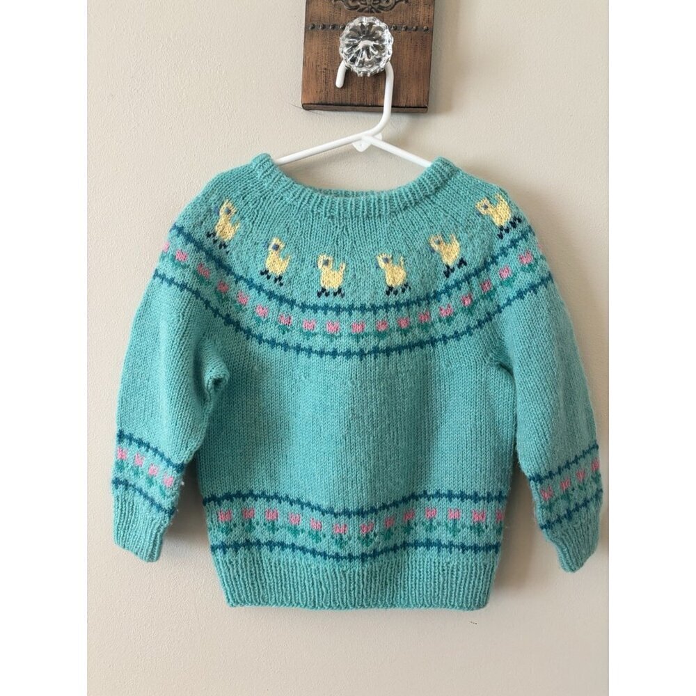 Vintage Hand Knit Girls Sweater Green Fair Isle Yellow Ducks